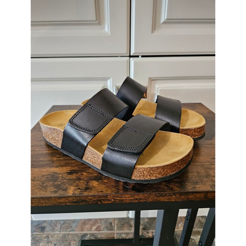 NWOB Plakton Black Two Strap Cork Sandals Granola Boho Coastal Minimalist Beachy